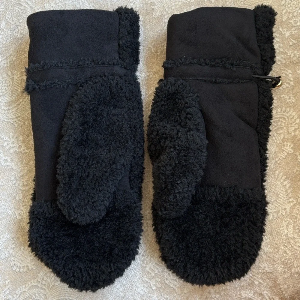 NWOT Calvin Klein Faux Fur Gloves Black Mittens Stretch Cord Fleece Lined Cozy